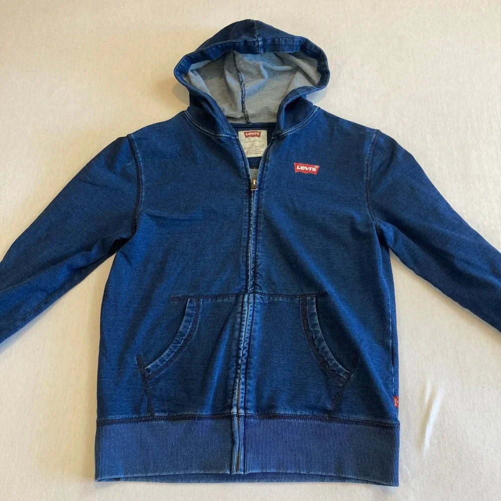 Levis Boys 12-13Y Large Indigo Blue Denim Look Full Zip Hoodie Sweatshirt